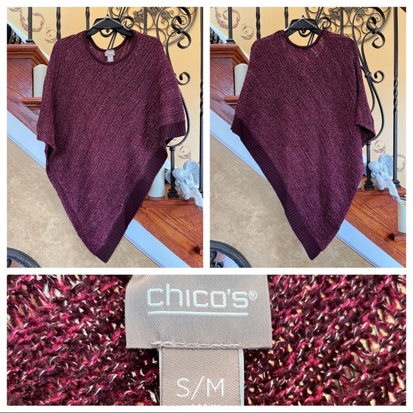 Chico’s Metallic Knit Triangle Poncho In Poppin Wine Berry - Picture 11 of 11